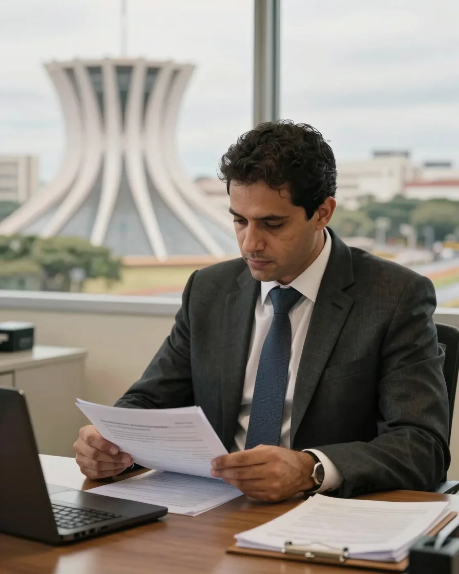 Pedro Saad, a corporate lawyer, reviewing official documents on a desk in a Brasília office. Natural overcast daylight,