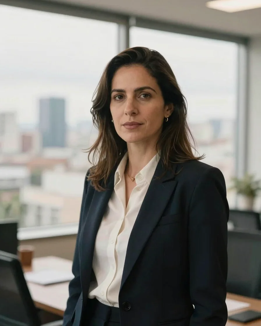 Portrait of Ana Silva, a corporate lawyer, in a modern, well-lit